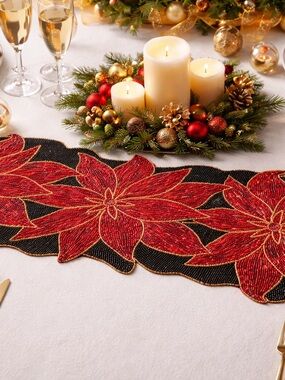 Luxury 36” Beaded Poinsettia Runner- Red Gold Green Christmas Floral Winter EUC